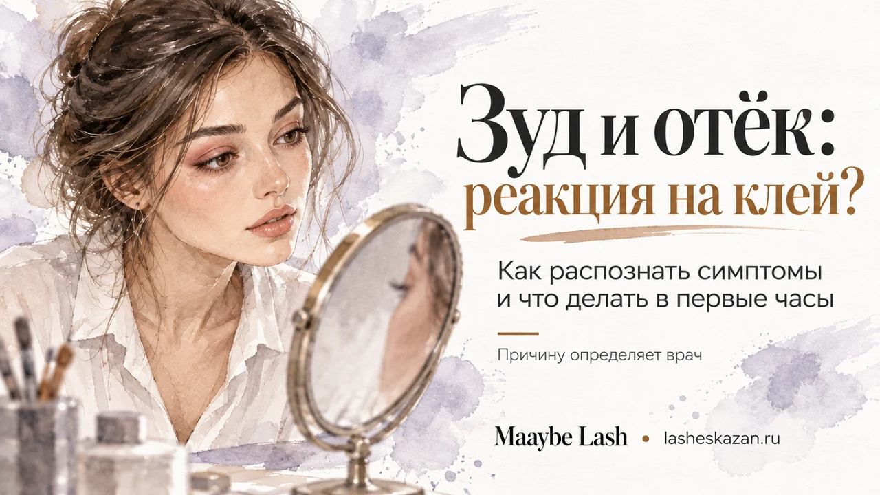 Обложка статьи «Аллергия на клей для ресниц»: крупный план наращенных ресниц, работа студии Maaybe Lash