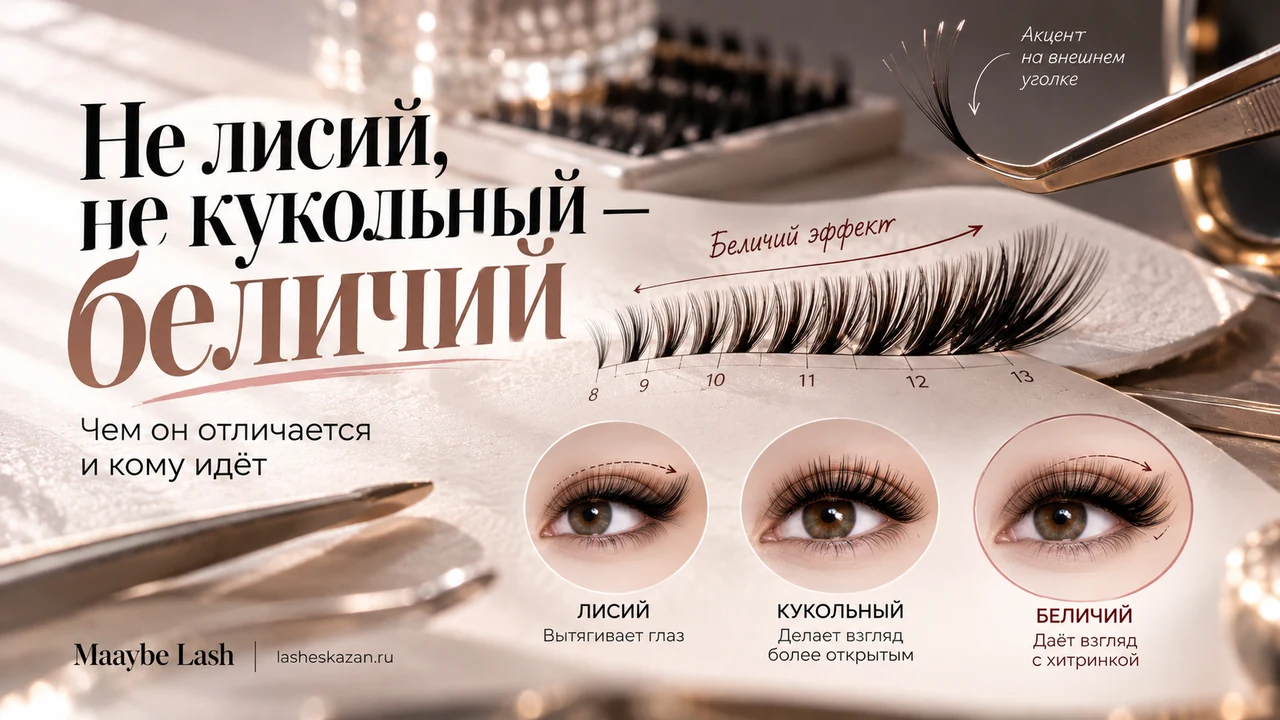 Обложка статьи «Не лисий, не кукольный — беличий»: мастер держит пинцетом ленту ресниц, внизу сравнение лисьего, кукольного и беличьего эффекта