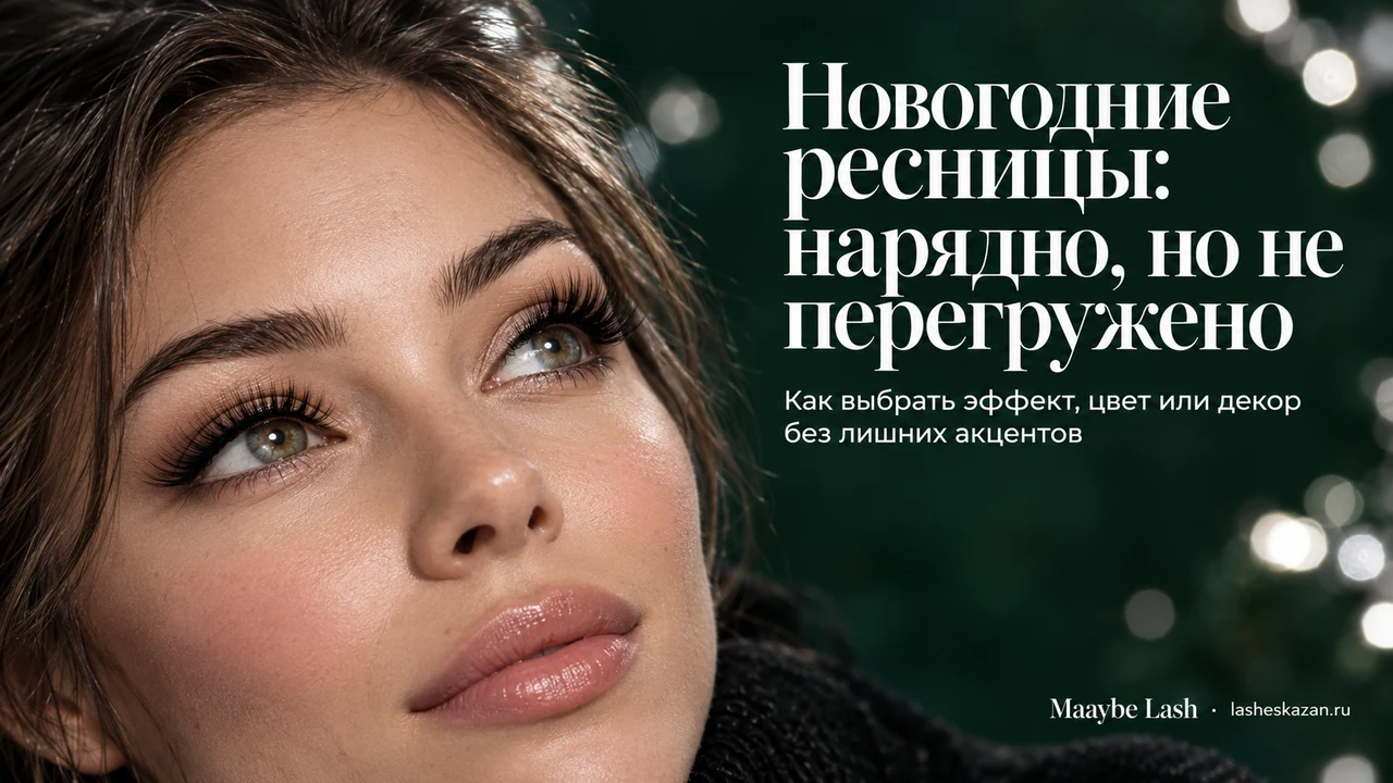 Обложка статьи «Дизайн ресниц на новый год»: крупный план наращенных ресниц, работа студии Maaybe Lash