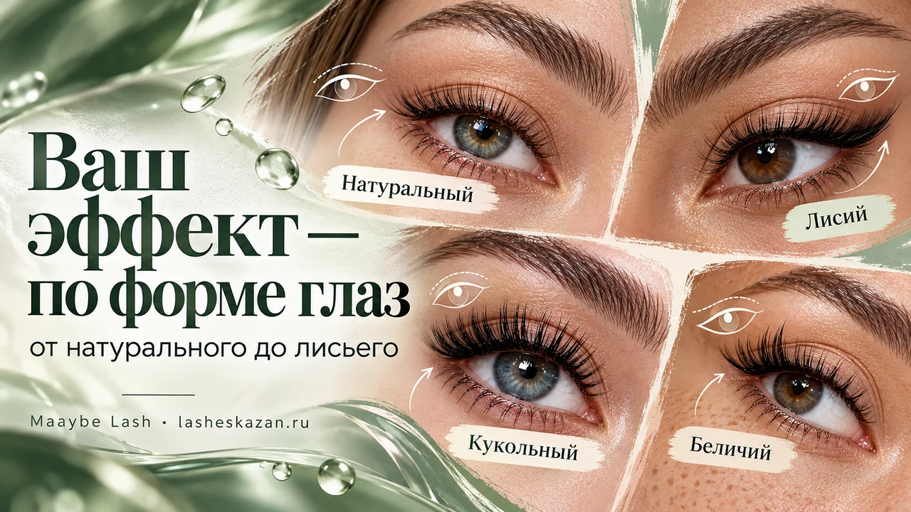 Обложка статьи об эффектах наращивания: натуральный, лисий, кукольный и беличий эффект ресниц со схемами