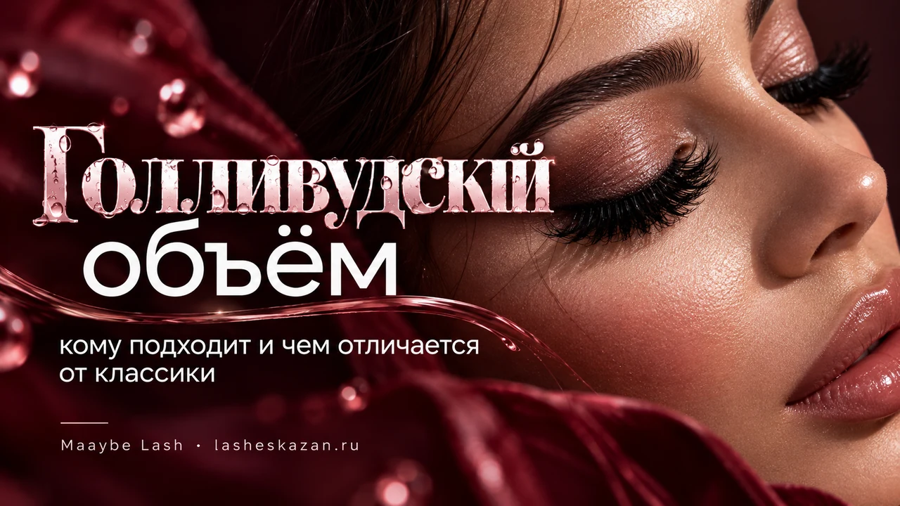 Обложка статьи «Голливудский объём»: пышные тёмные ресницы на закрытом глазу, бордовый бархат