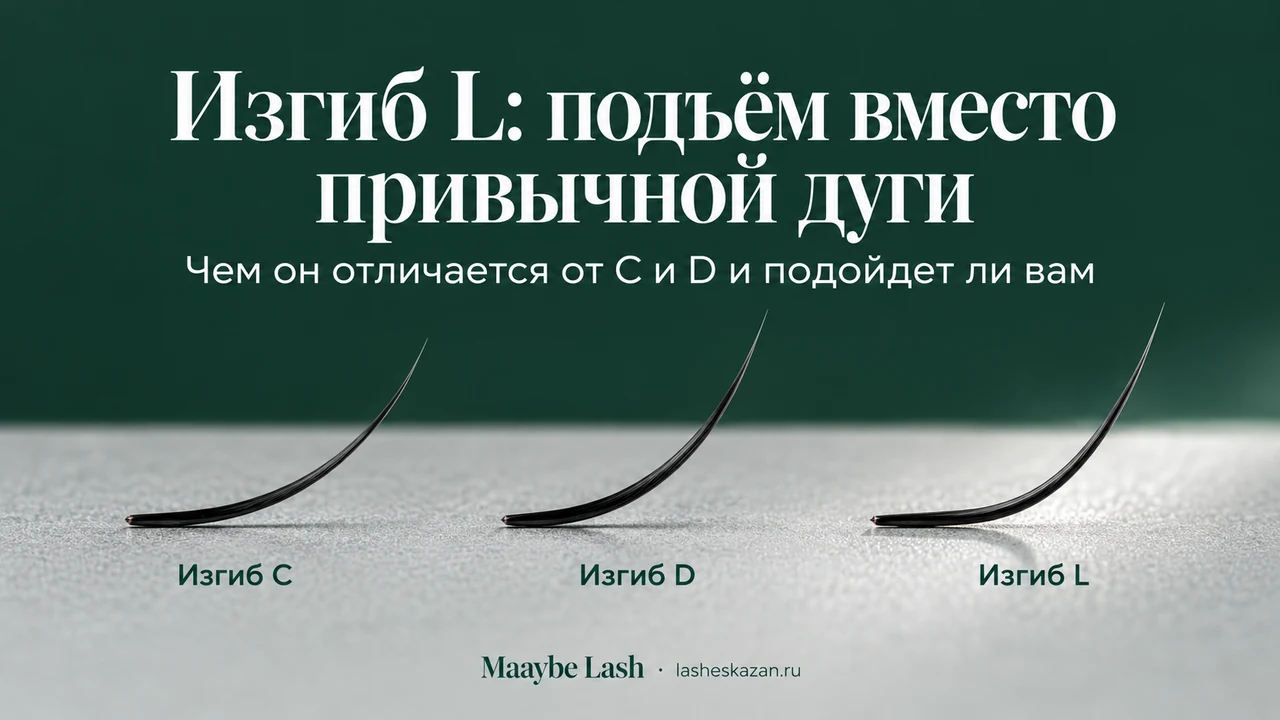 Обложка статьи «Изгиб L на ресницах»: крупный план наращенных ресниц, работа студии Maaybe Lash