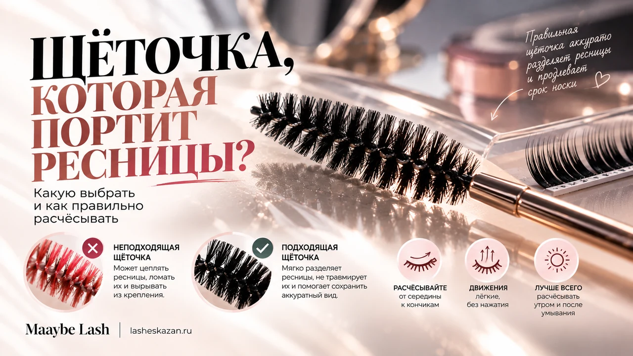 Обложка статьи «Щёточка, которая портит ресницы?»: щёточка для ресниц крупным планом, сравнение неподходящей и подходящей щёточки и три правила расчёсывания