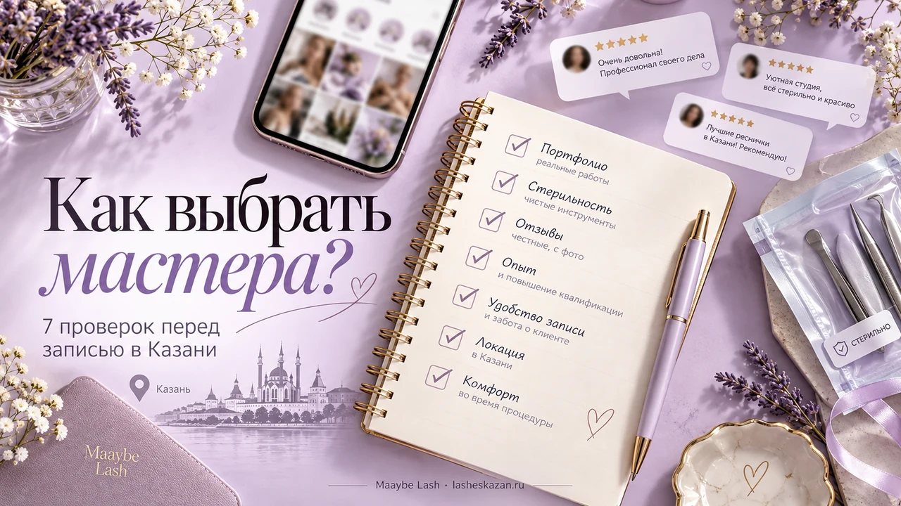 Обложка статьи «Как выбрать мастера»: блокнот с чек-листом из 7 проверок, отзывы и стерильные инструменты