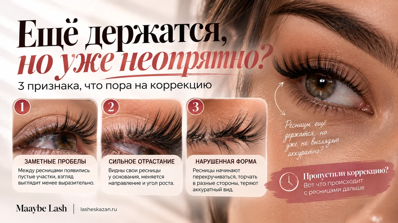 Обложка статьи «Ещё держатся, но уже неопрятно?»: глаз с нарощенными ресницами и три признака, что пора на коррекцию — пробелы, отрастание, нарушенная форма