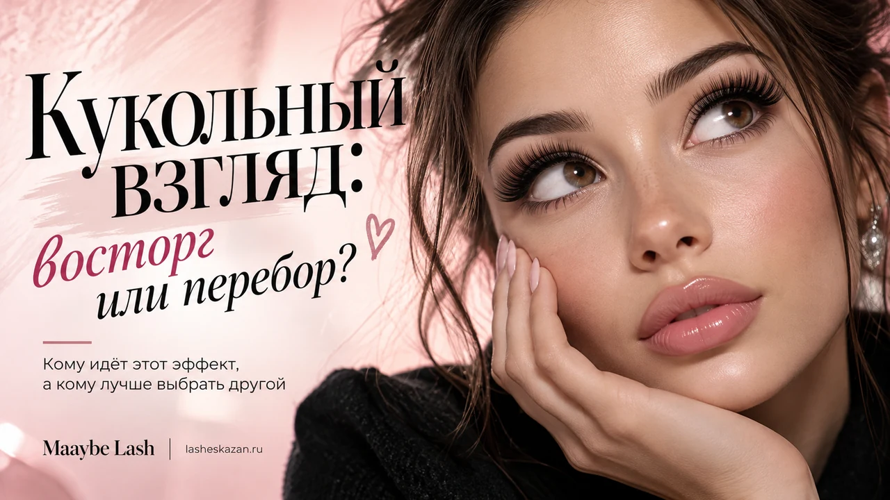 Обложка статьи «Кукольный взгляд: восторг или перебор?»: девушка с кукольными ресницами задумчиво смотрит вверх, розовый фон