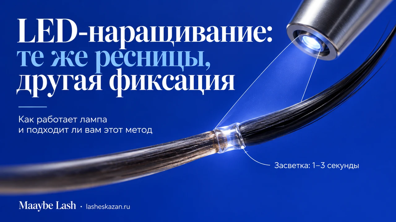 Обложка статьи «LED-наращивание: те же ресницы, другая фиксация»: ресница под светом LED-лампы крупным планом на синем фоне
