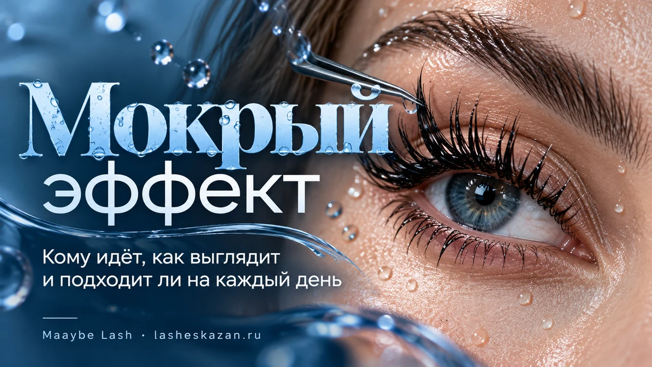 Обложка статьи «Мокрый эффект»: ресницы с глянцевым мокрым эффектом и капли воды