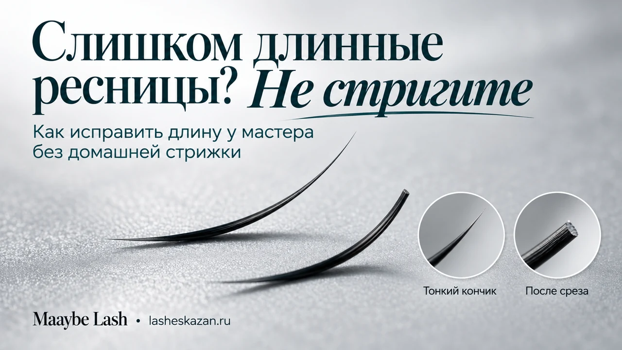 Обложка статьи «Можно ли стричь нарощенные ресницы, если они длинные»: крупный план наращенных ресниц, работа студии Maaybe Lash