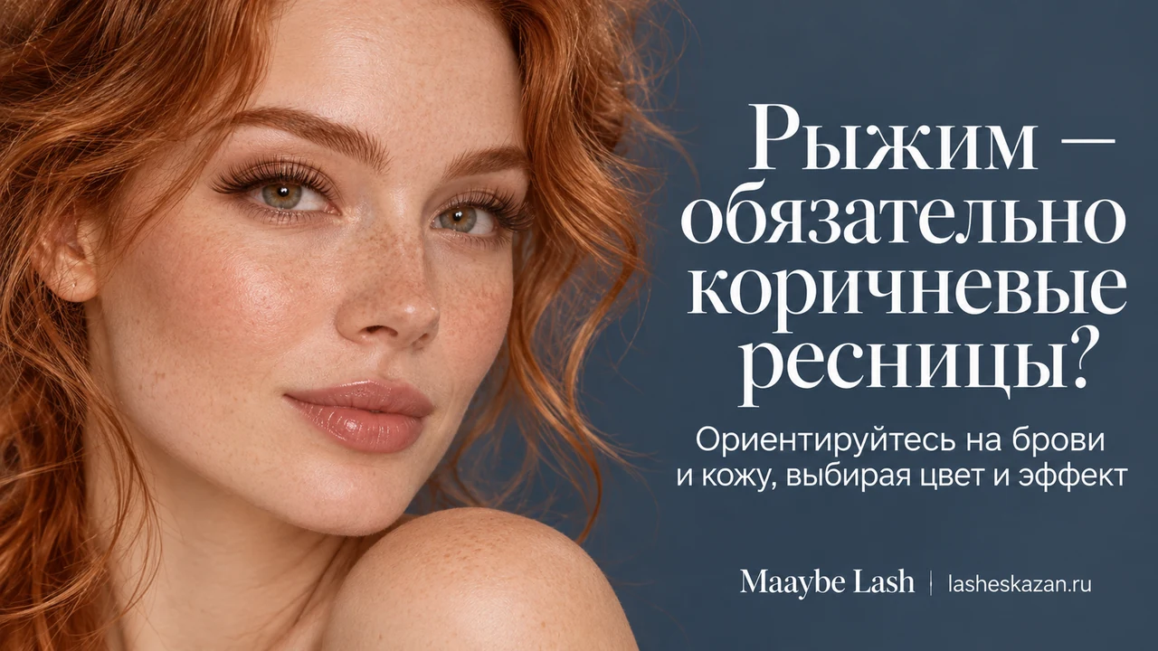 Обложка статьи «Наращивание ресниц для рыжеволосых девушек»: крупный план наращенных ресниц, работа студии Maaybe Lash