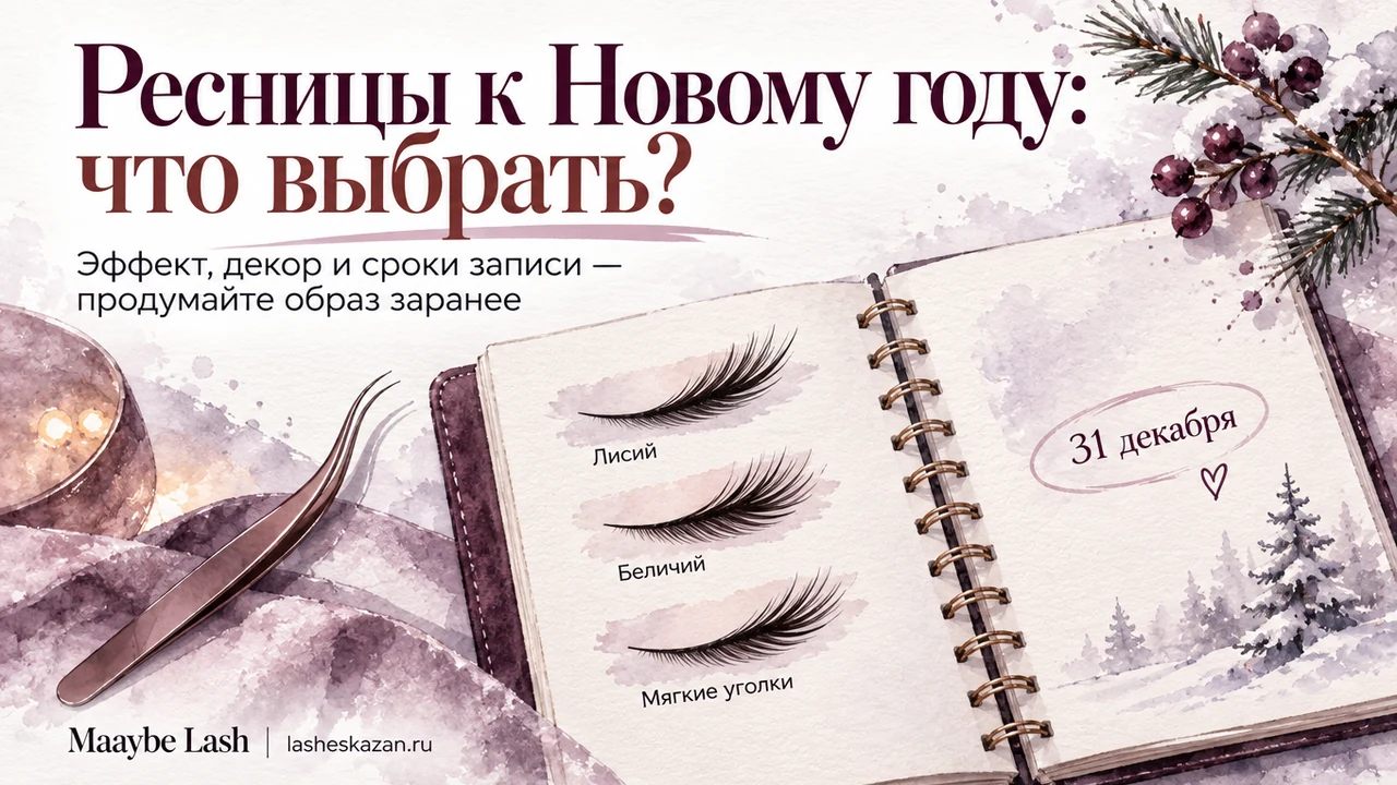 Обложка статьи «Наращивание ресниц на Новый год»: крупный план наращенных ресниц, работа студии Maaybe Lash