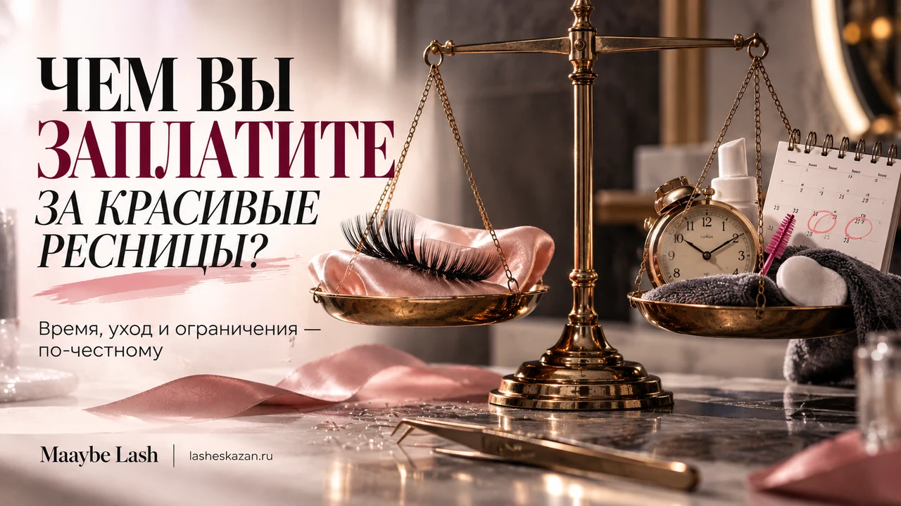 Обложка статьи «Чем вы заплатите за красивые ресницы?»: весы, на одной чаше ресницы, на другой часы, календарь и средства ухода