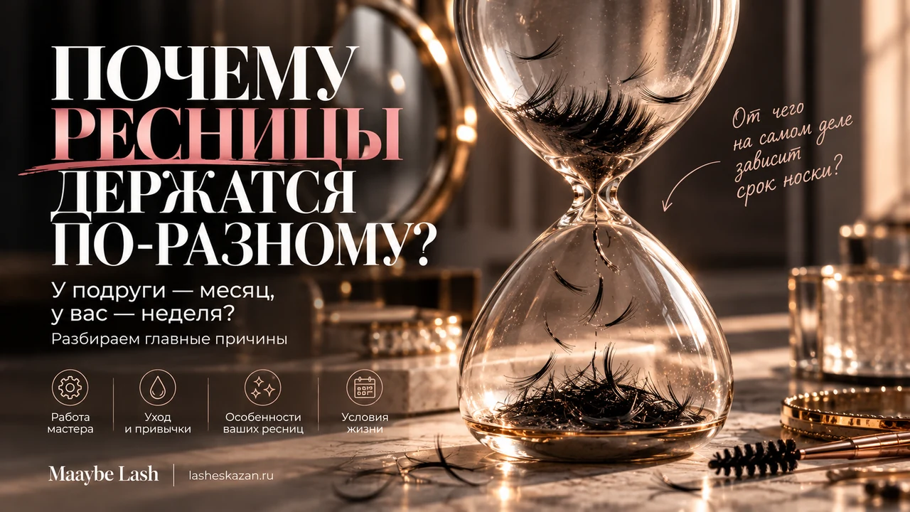 Обложка статьи «Почему ресницы держатся по-разному?»: песочные часы, в которых вместо песка падают ресницы, и четыре причины — работа мастера, уход, особенности ресниц, условия жизни