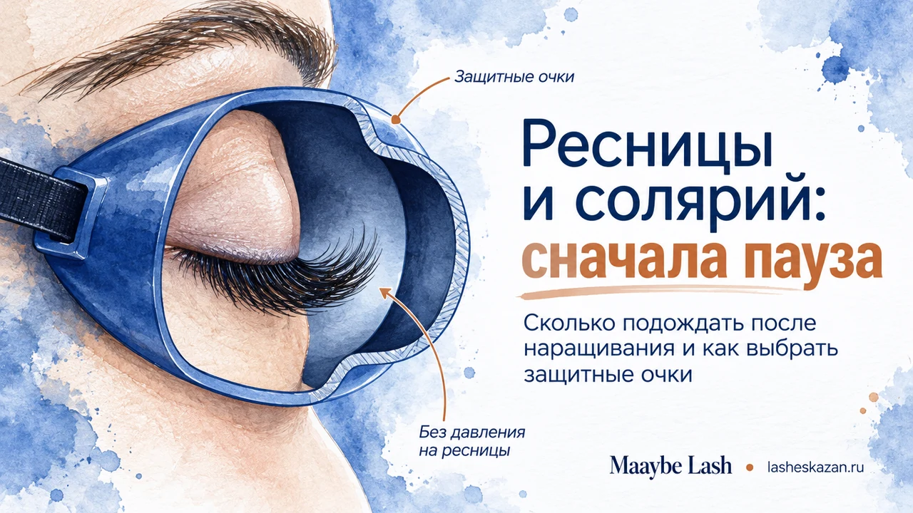 Обложка статьи «Можно ли после наращивания ресниц посещать солярий»: крупный план наращенных ресниц, работа студии Maaybe Lash