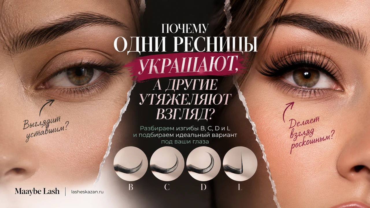 Обложка статьи «Почему одни ресницы украшают, а другие утяжеляют взгляд?»: два взгляда с разным изгибом ресниц и четыре изгиба B, C, D и L
