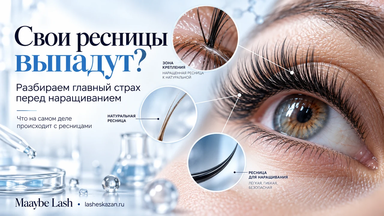 Обложка статьи «Свои ресницы выпадут?»: глаз с нарощенными ресницами крупным планом и схема крепления нарощенной ресницы к натуральной